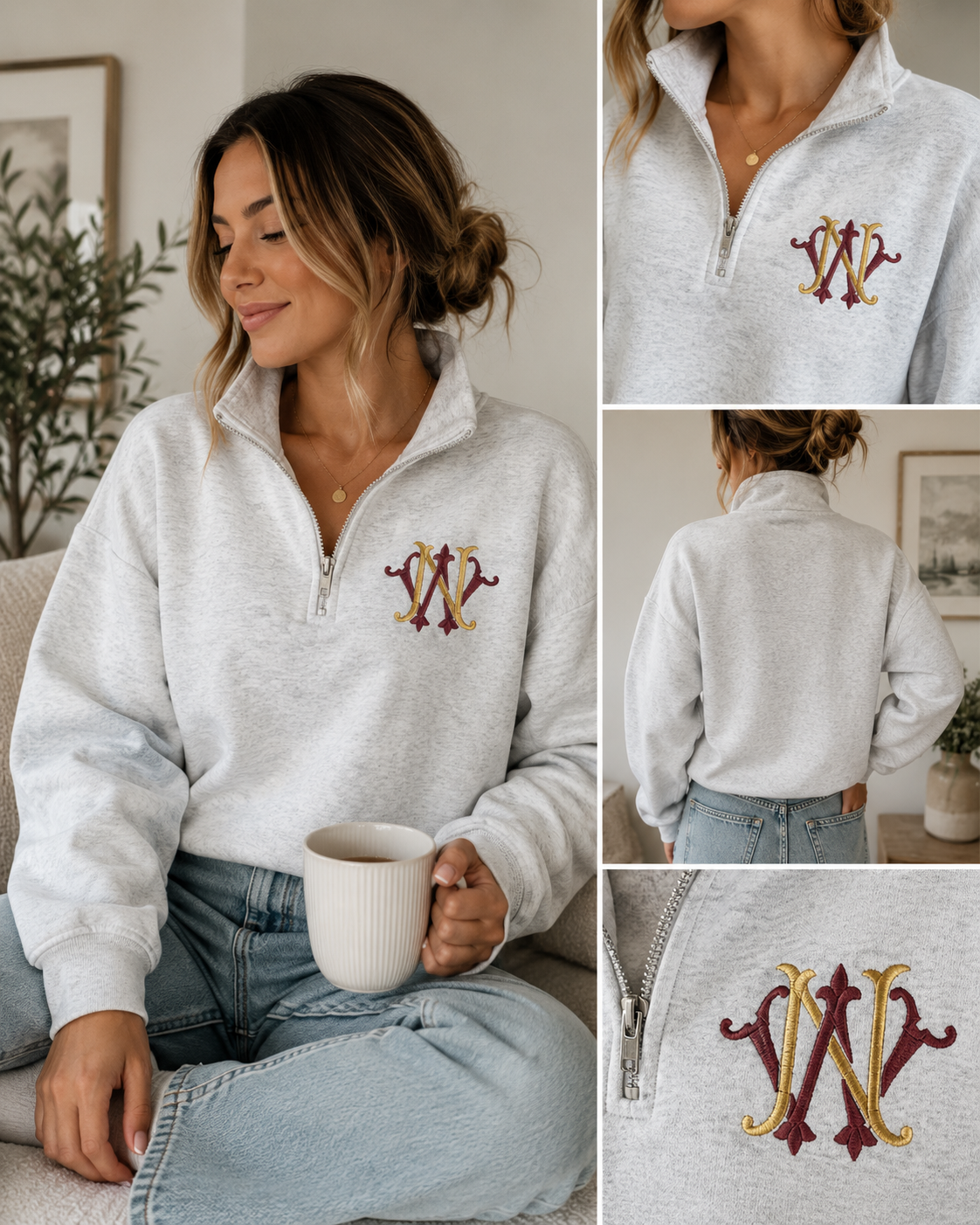 Vintage monogram quarter-zip, embroidered initial detail
