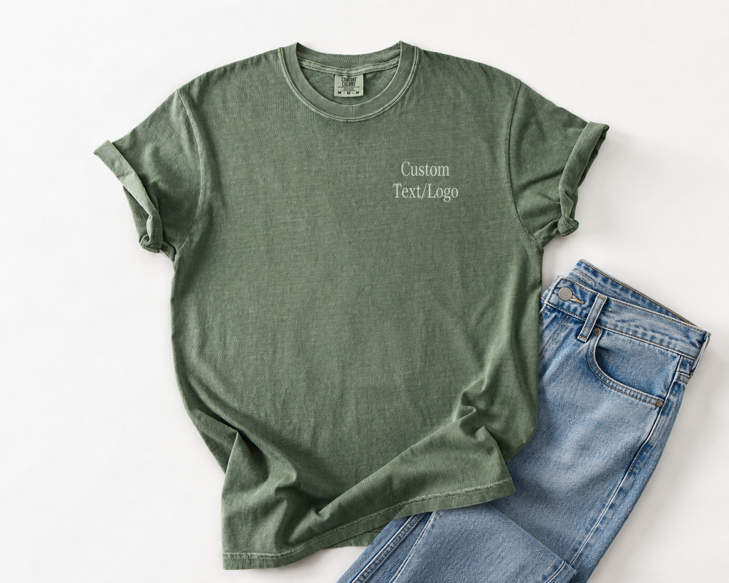 Custom embroidered t-shirt with a left-chest company logo