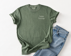 Custom embroidered t-shirt with a left-chest company logo