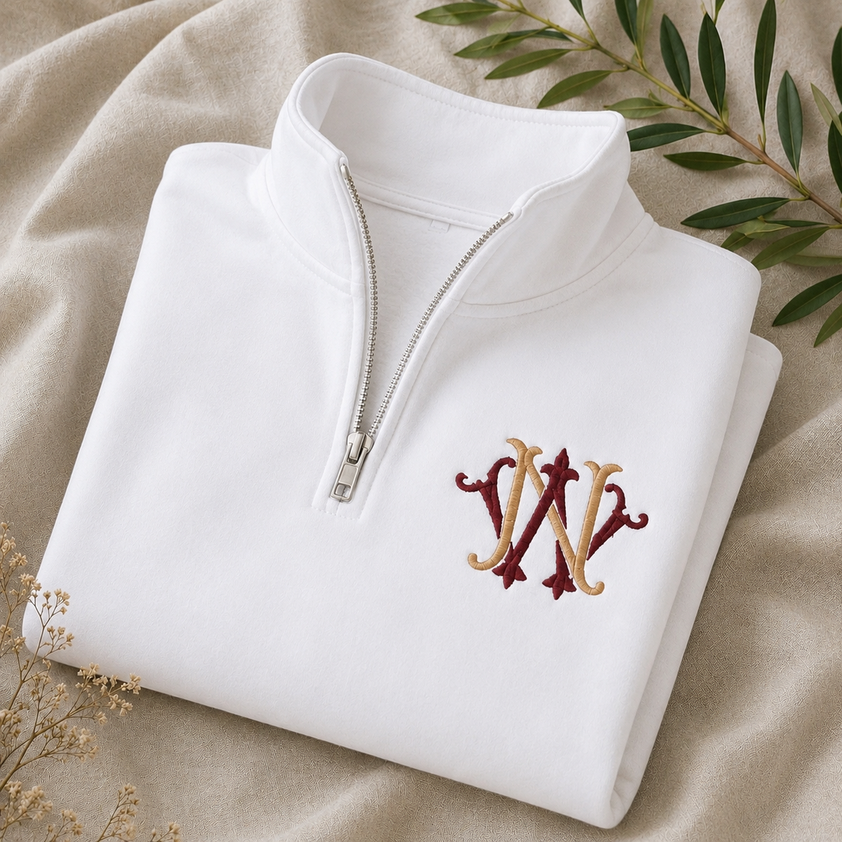Personalized vintage monogram quarter-zip shown on a model