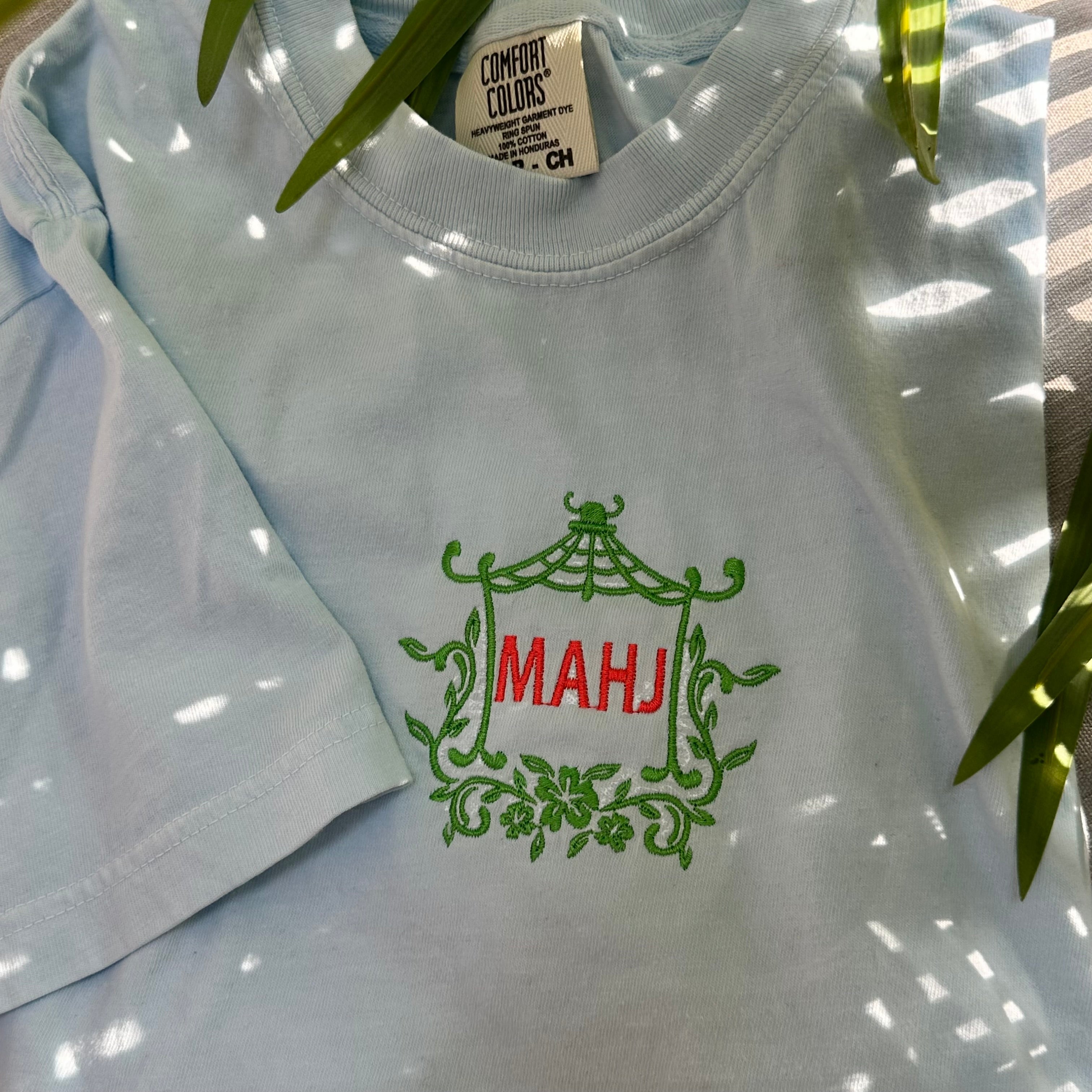 Personalized Embroidered Mahjong T-Shirt - Pagoda Crest - Comfort Colors Tee