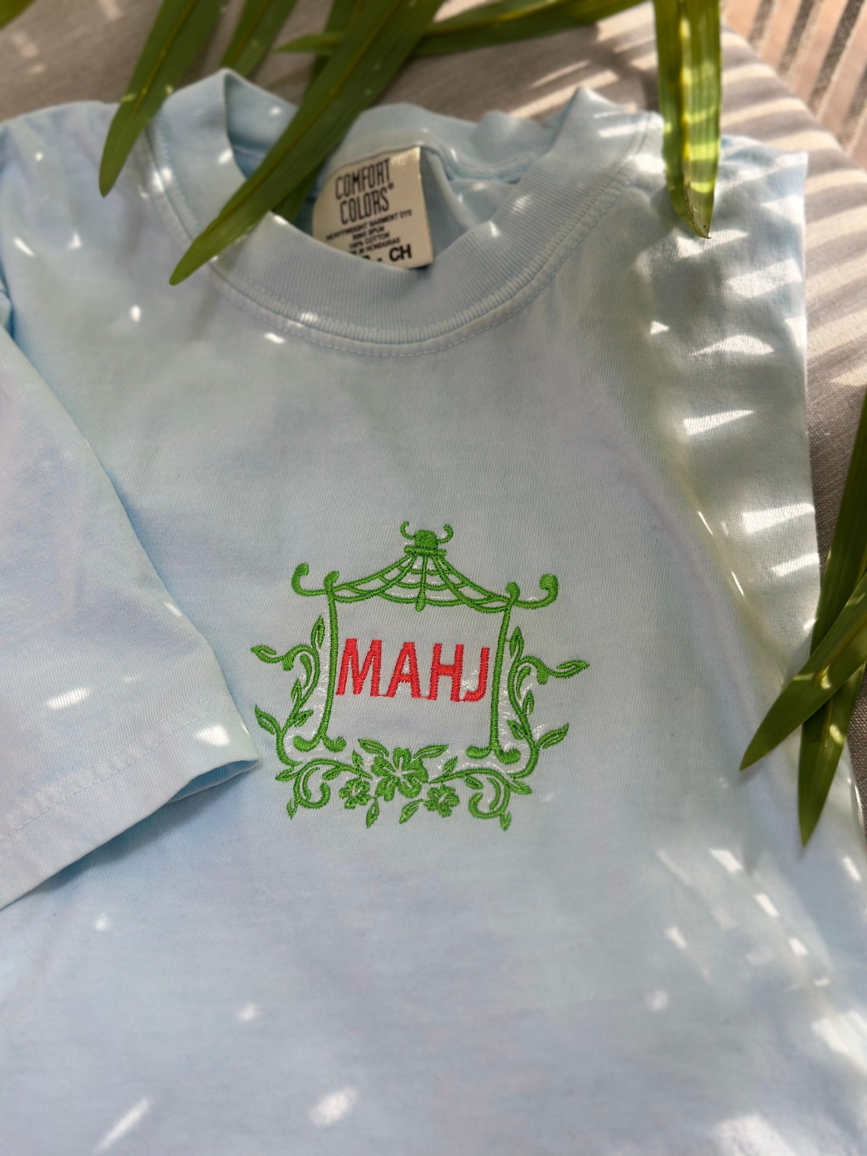 Personalized Embroidered Mahjong T-Shirt - Pagoda Crest - Comfort Colors Tee