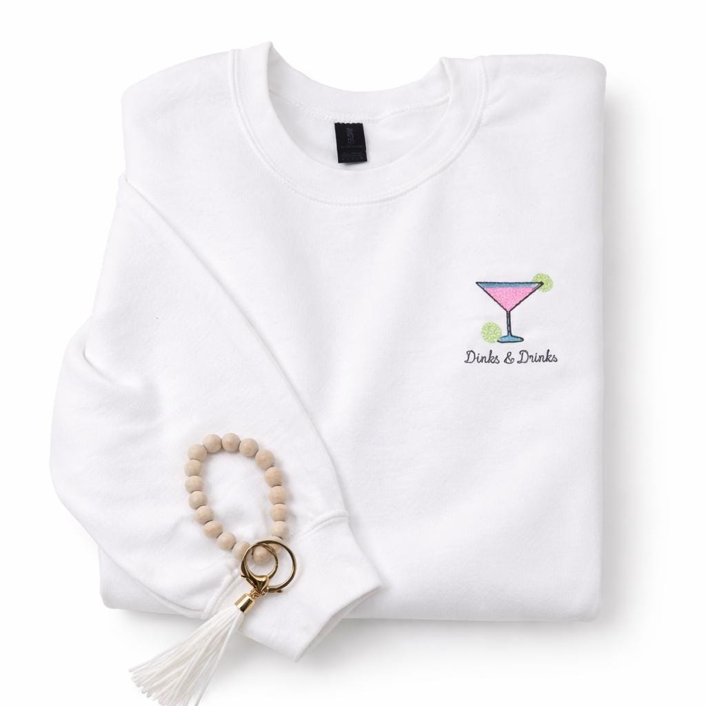 Dinks & Drinks Pickleball Sweatshirt – Women’s Embroidered Crewneck – Sporty Martini Pullover – Girls Trip Athletic Gift