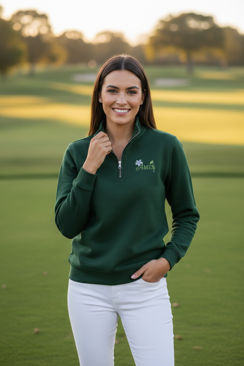 Amen Corner Forest Green Quarter Zip On Model