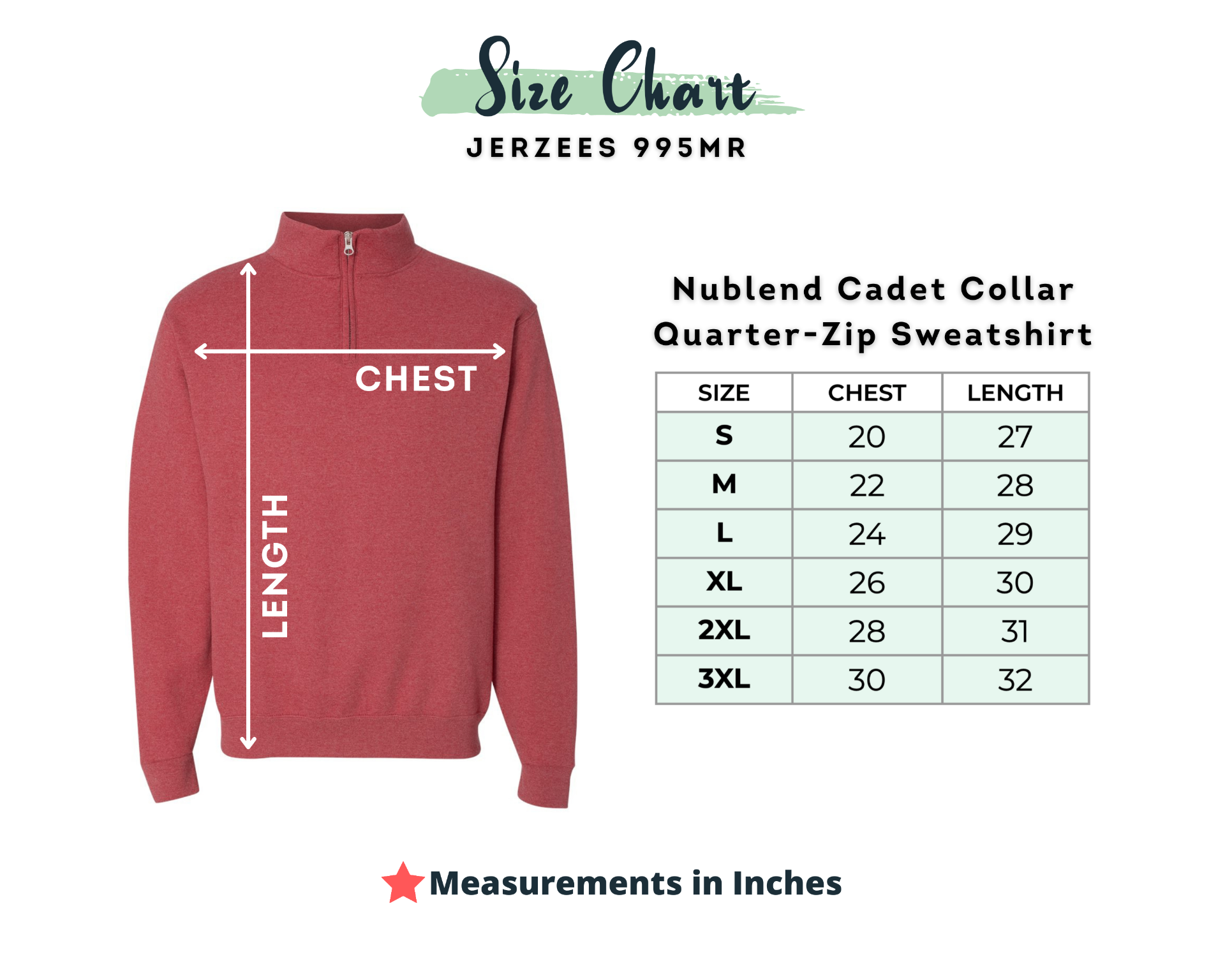 Jerzees 995MR Size Chart