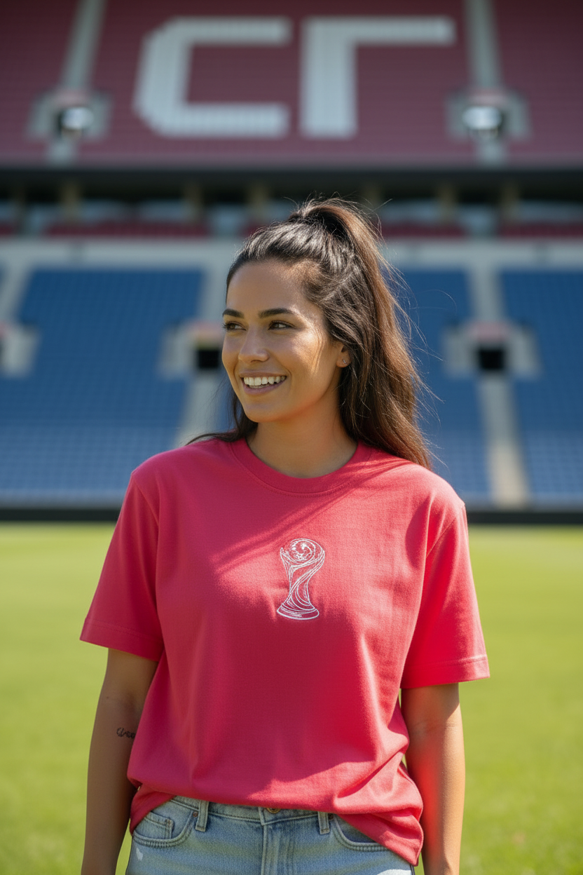 World Cup Trophy Embroidered Tee on model in stadium
