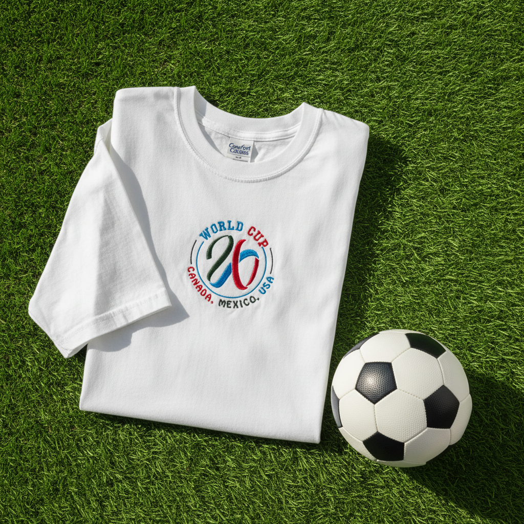 World Cup 2026 embroidered tee flat lay on green grass