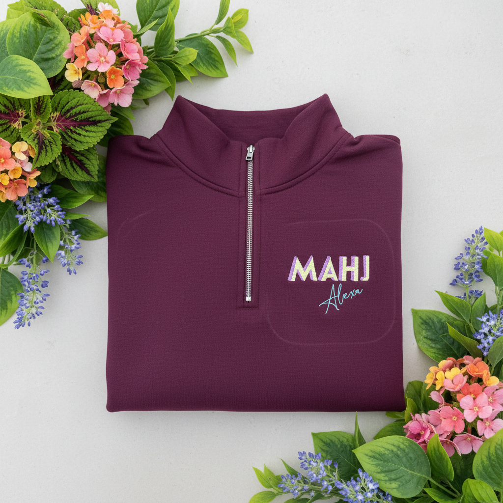Personalized MAHJ quarter-zip pullover with custom embroidered name