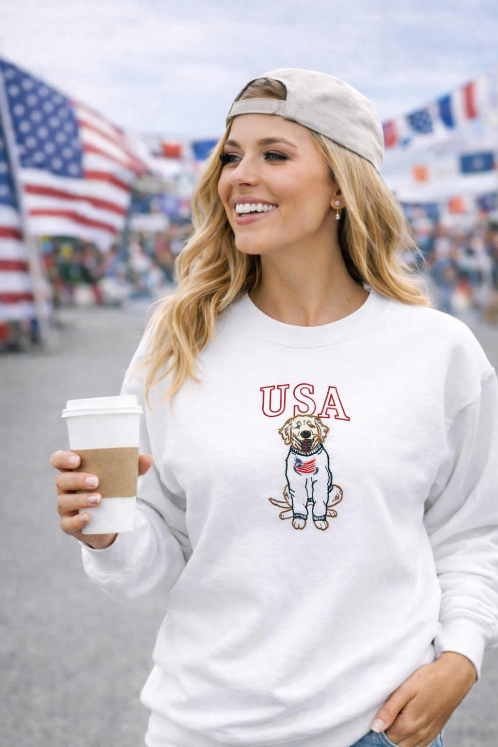 Woman wearing USA embroidered golden retriever sweatshirt